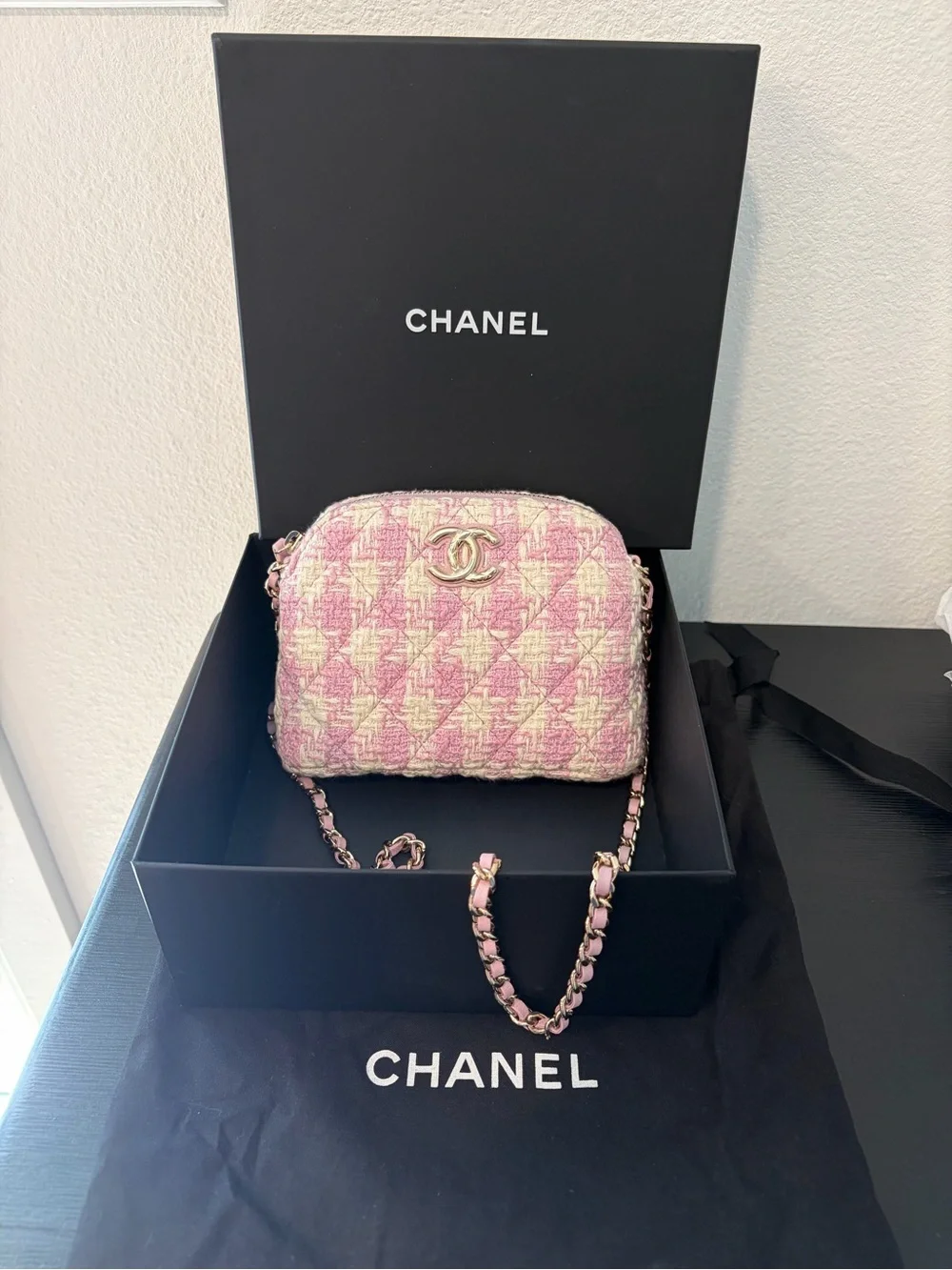CHANEL Pink and White Tweed Quilted Mini Clutch With Chain